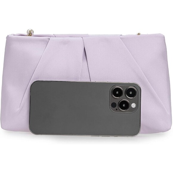 ⚡ Women's Light Purple Formal Pleated Satin Fabric Zipper Closure Clutch Bag - Picture 3 of 6